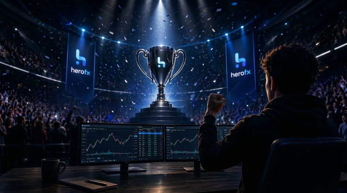 A trader celebrating in front of a HeroFX trophy
